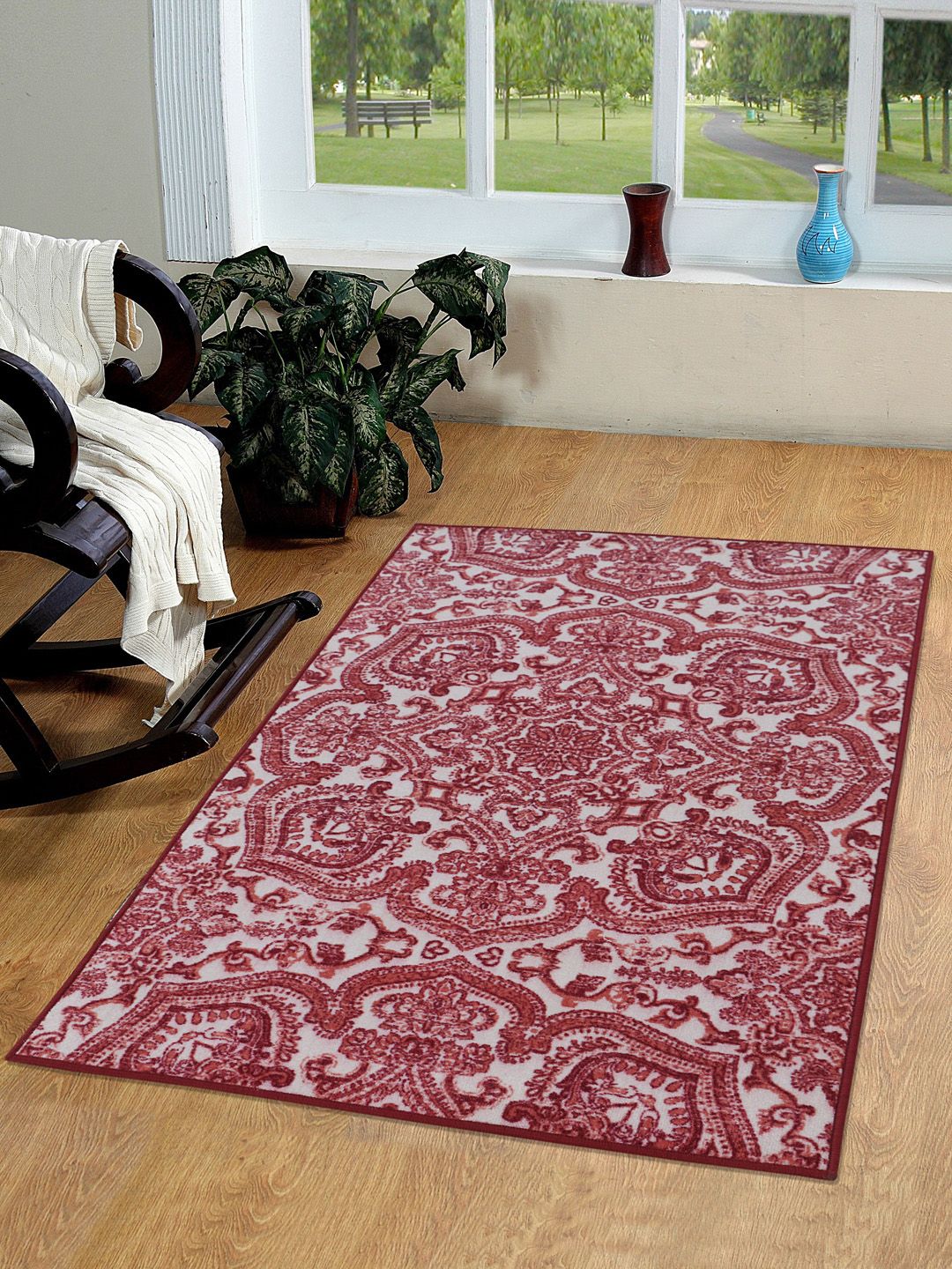 RUGSMITH White & Red Patterned Anti-Skid Carpet Price in India