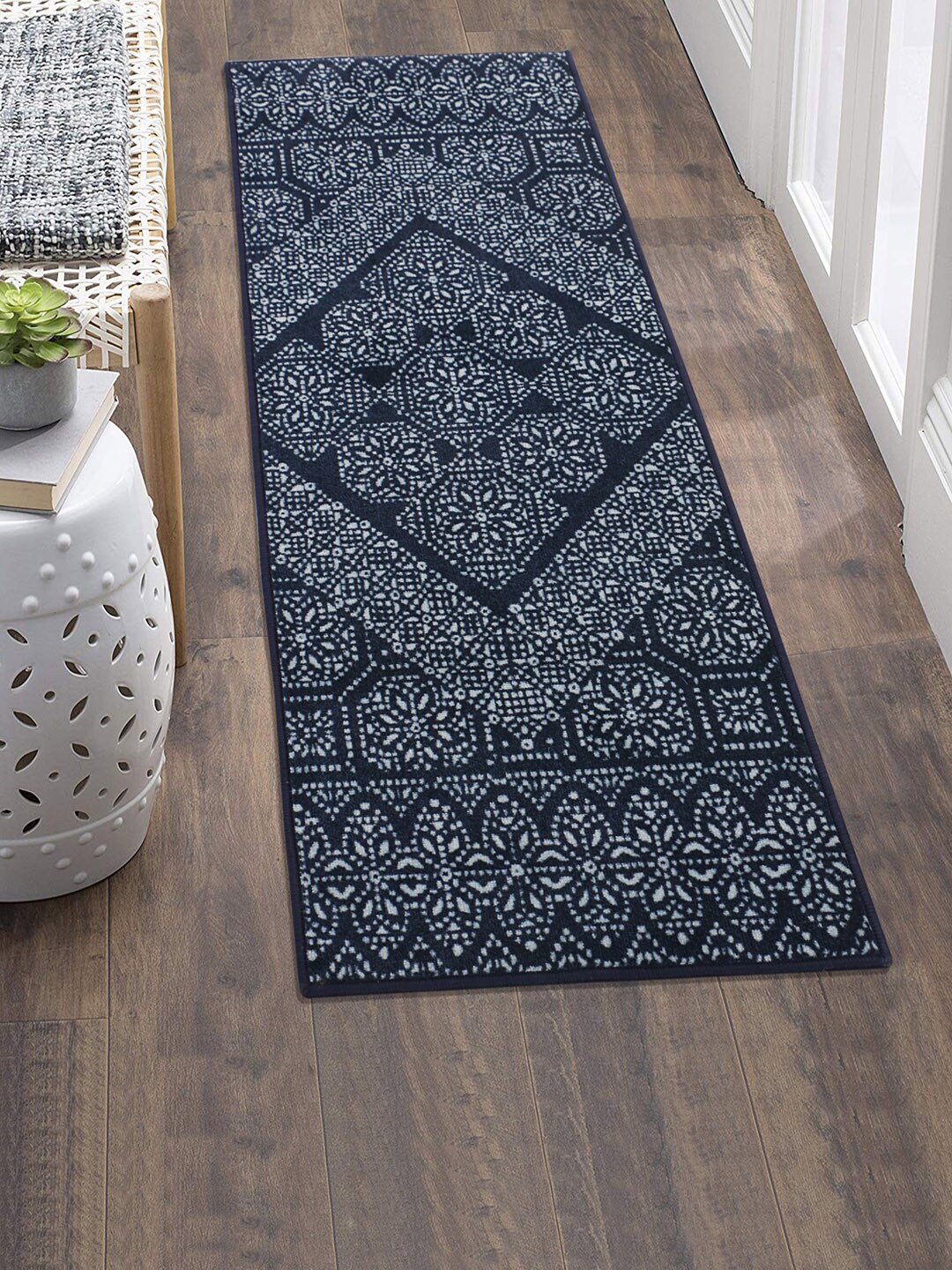 RUGSMITH Blue & White Patterned Anti-Skid Floor Runner Price in India