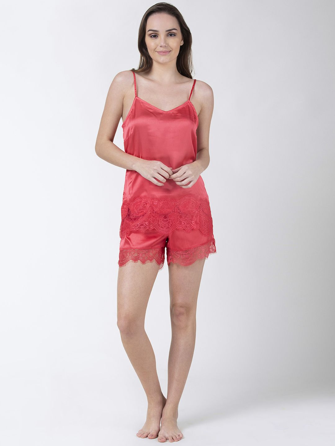 ADORENITE Women Coral Pink Lace Trimmed Night Suit of Camisole with Shorts Price in India