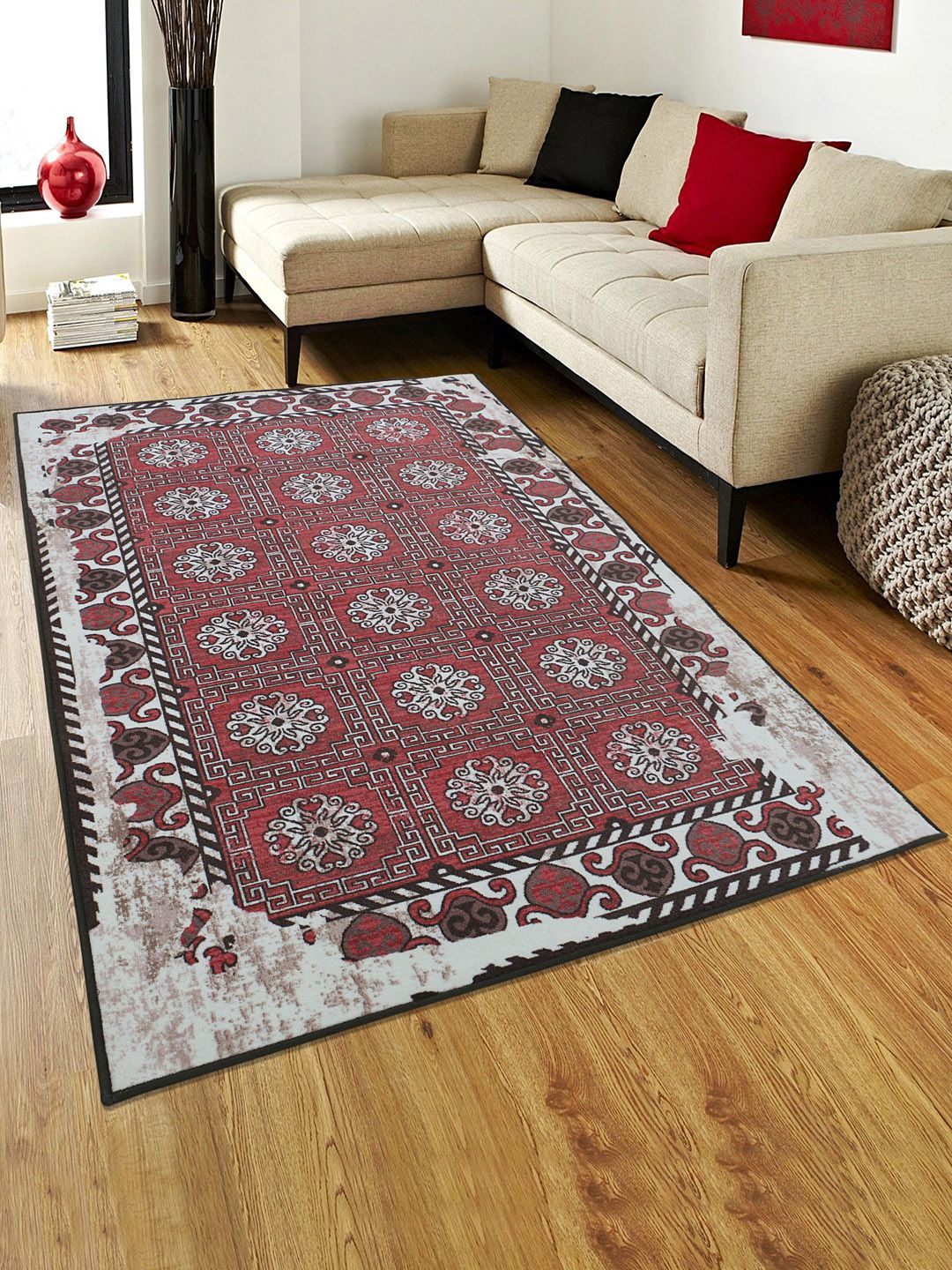 RUGSMITH Red & Of-White Printed Anti-Skid Carpet Price in India