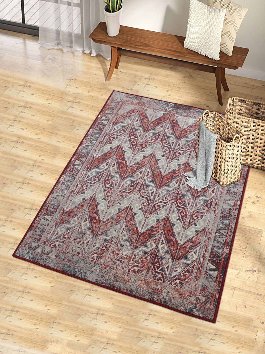 RUGSMITH Red & Grey Patterned Anti-Skid Carpet Price in India