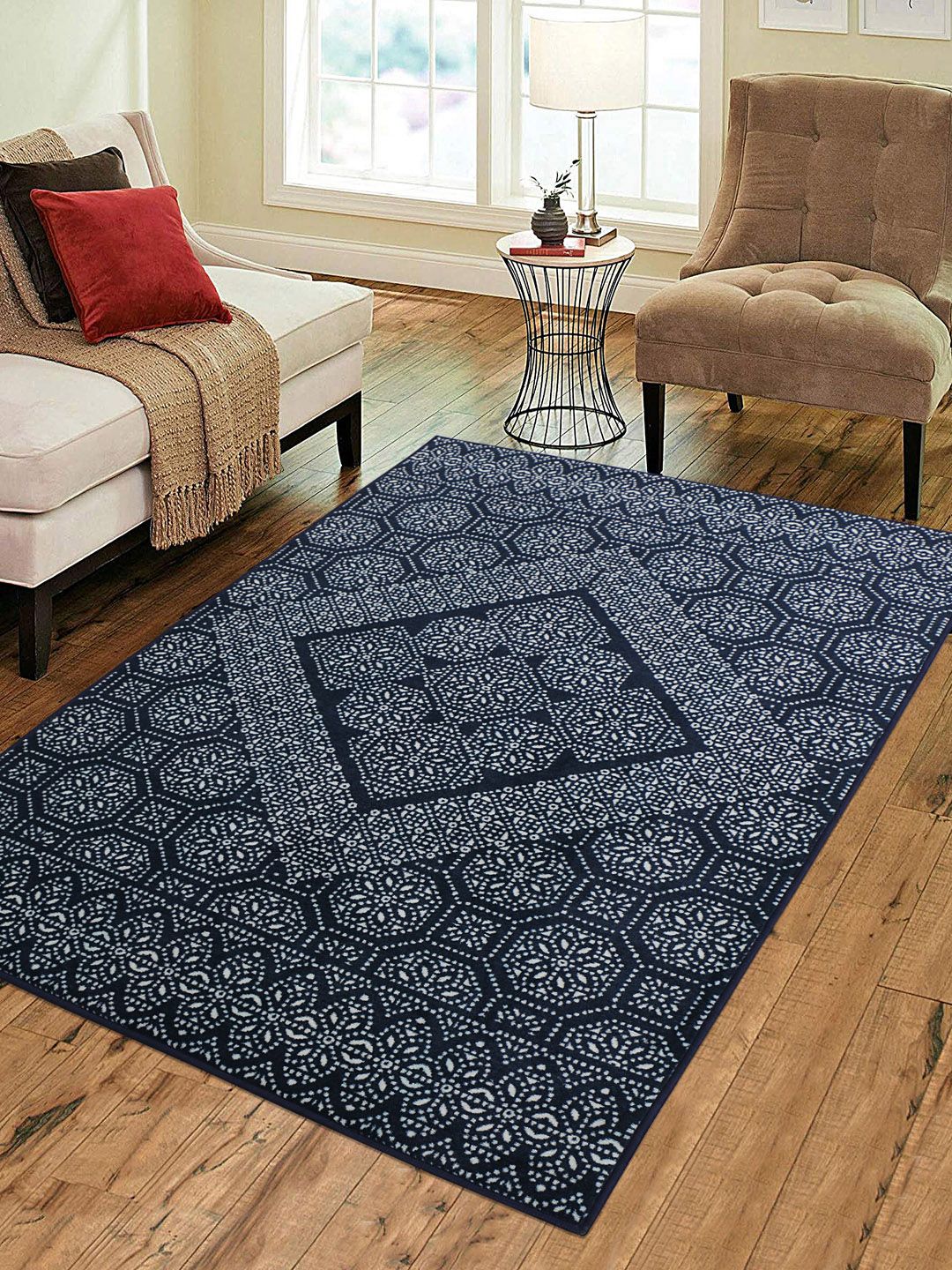 RUGSMITH Navy blue & Off-White Patterned Anti-Skid Carpet Price in India