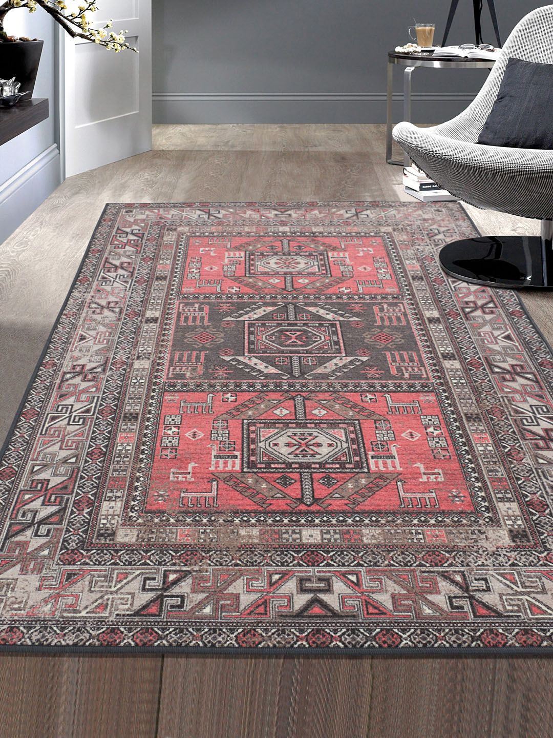RUGSMITH Grey & Red  Patterned Anti-Skid Carpet Price in India