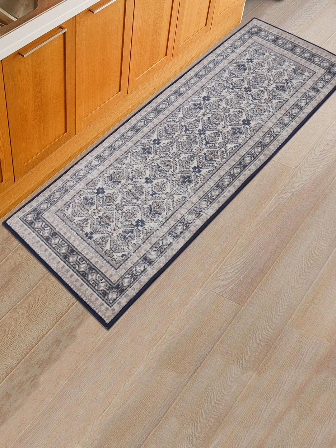 RUGSMITH Navy blue & White Patterned Anti-Skid Floor Runner Price in India