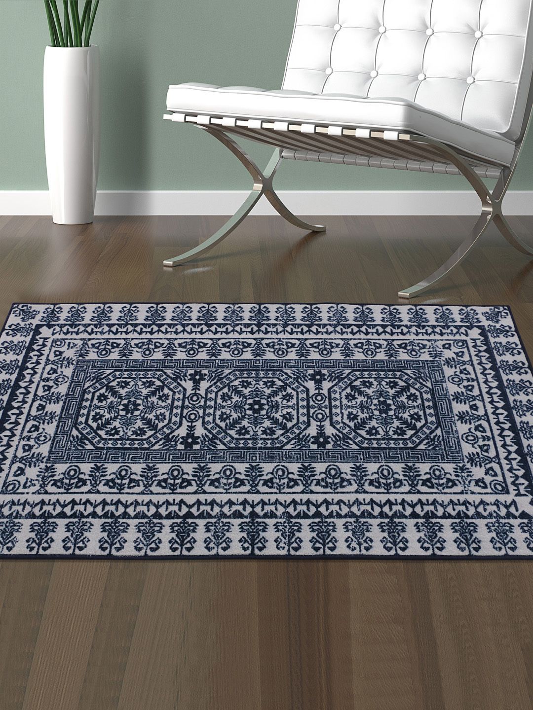 RUGSMITH Blue & White Patterned Anti-Skid Carpet Price in India