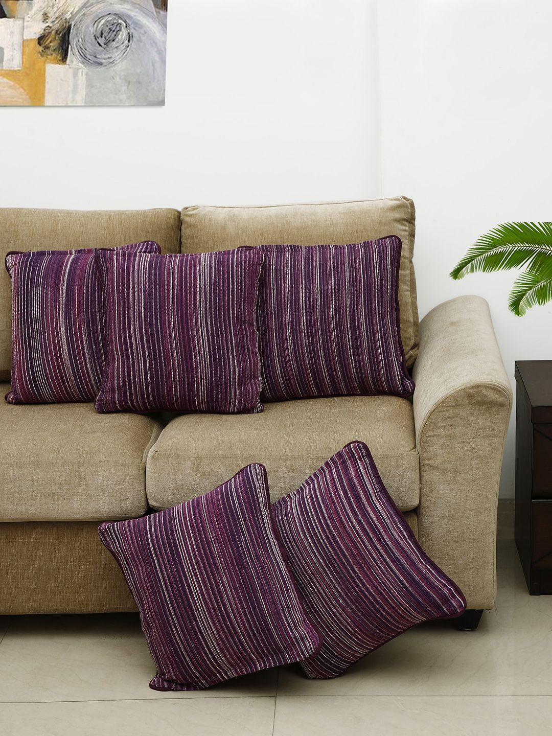 HOSTA HOMES Set of 5 Striped Square Cushion Covers Price in India