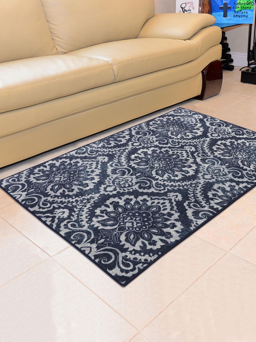 RUGSMITH Blue & Grey Patterned Anti-Skid Carpet Price in India