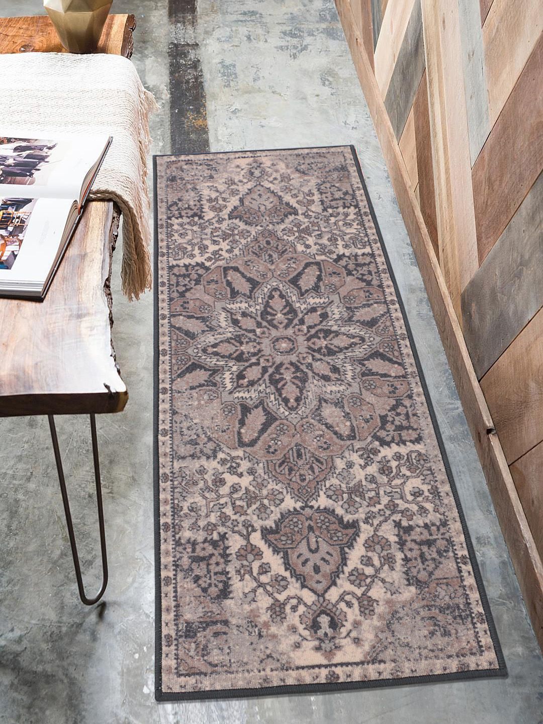 RUGSMITH Beige & Black Patterned Anti-Skid Floor Runner Price in India