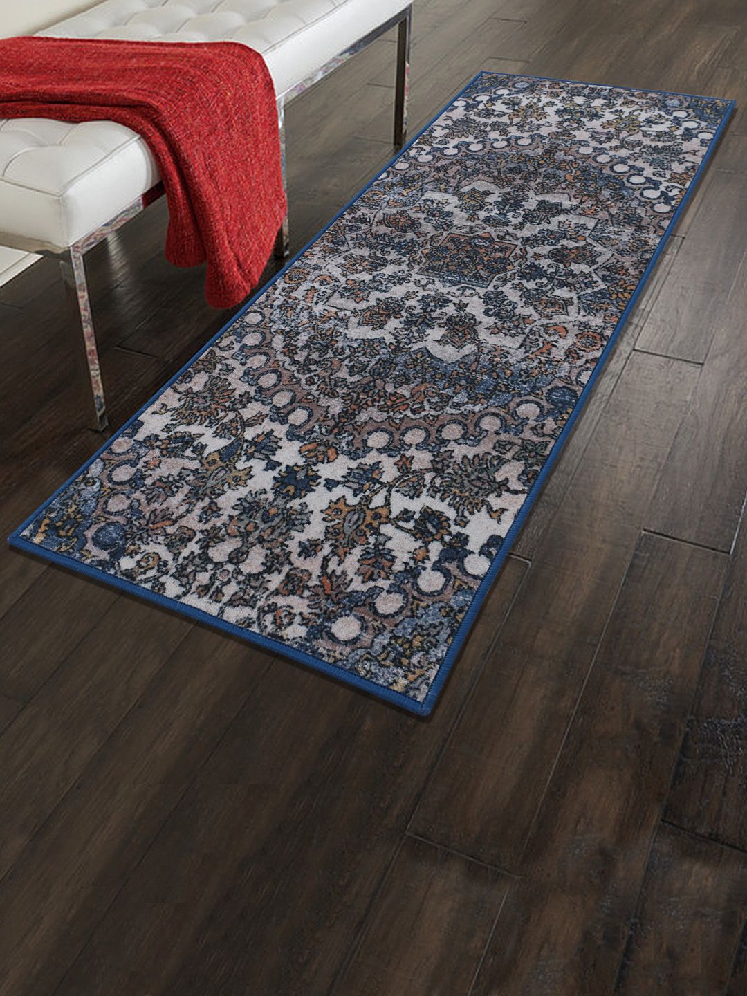 RUGSMITH Beige & Blue Patterned Anti-Skid Floor Runner Price in India