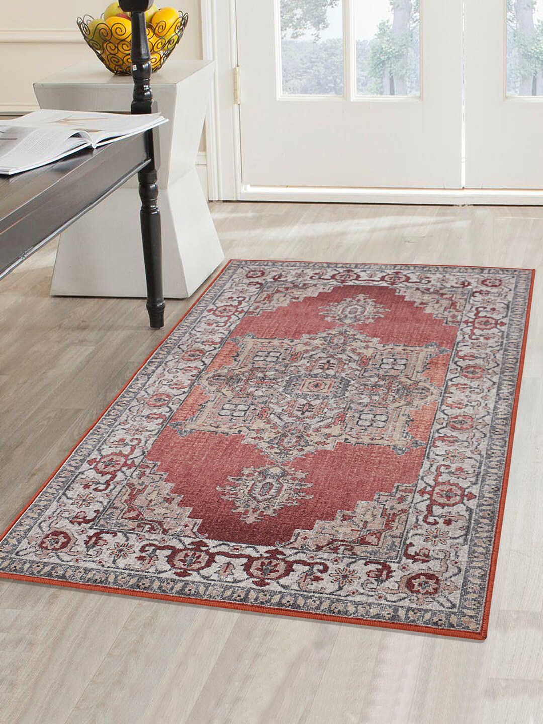 RUGSMITH Burgundy & Beige Printed Anti-Skid Carpet Price in India