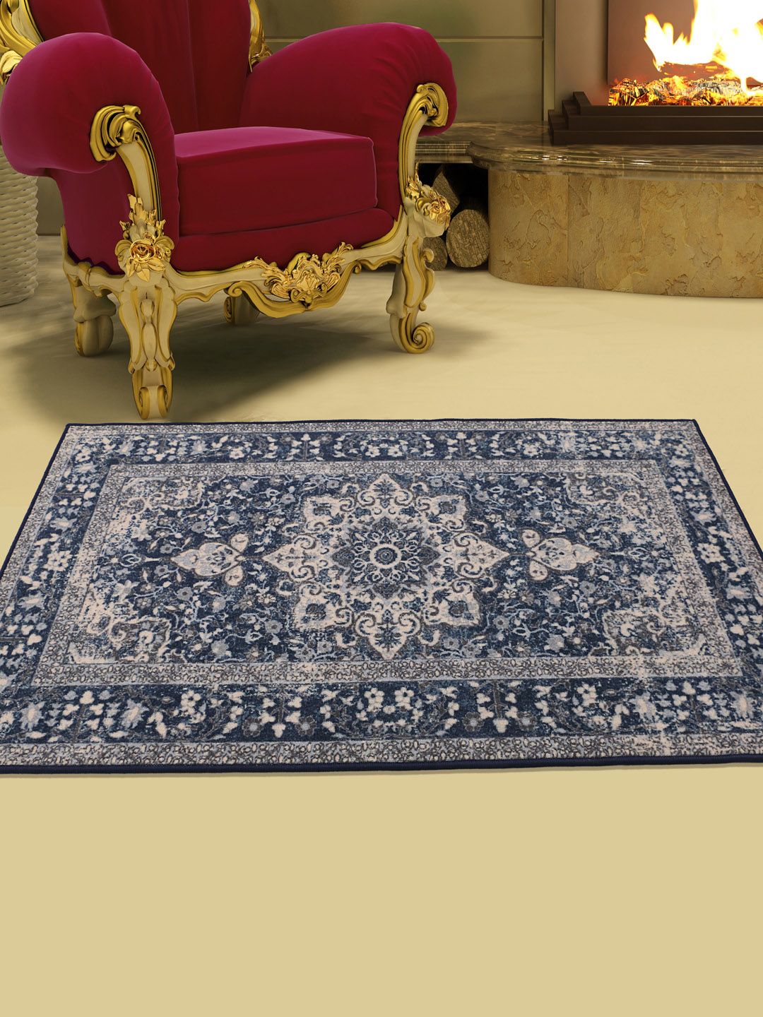 RUGSMITH Blue & Beige Printed Anti-Skid Carpet Price in India