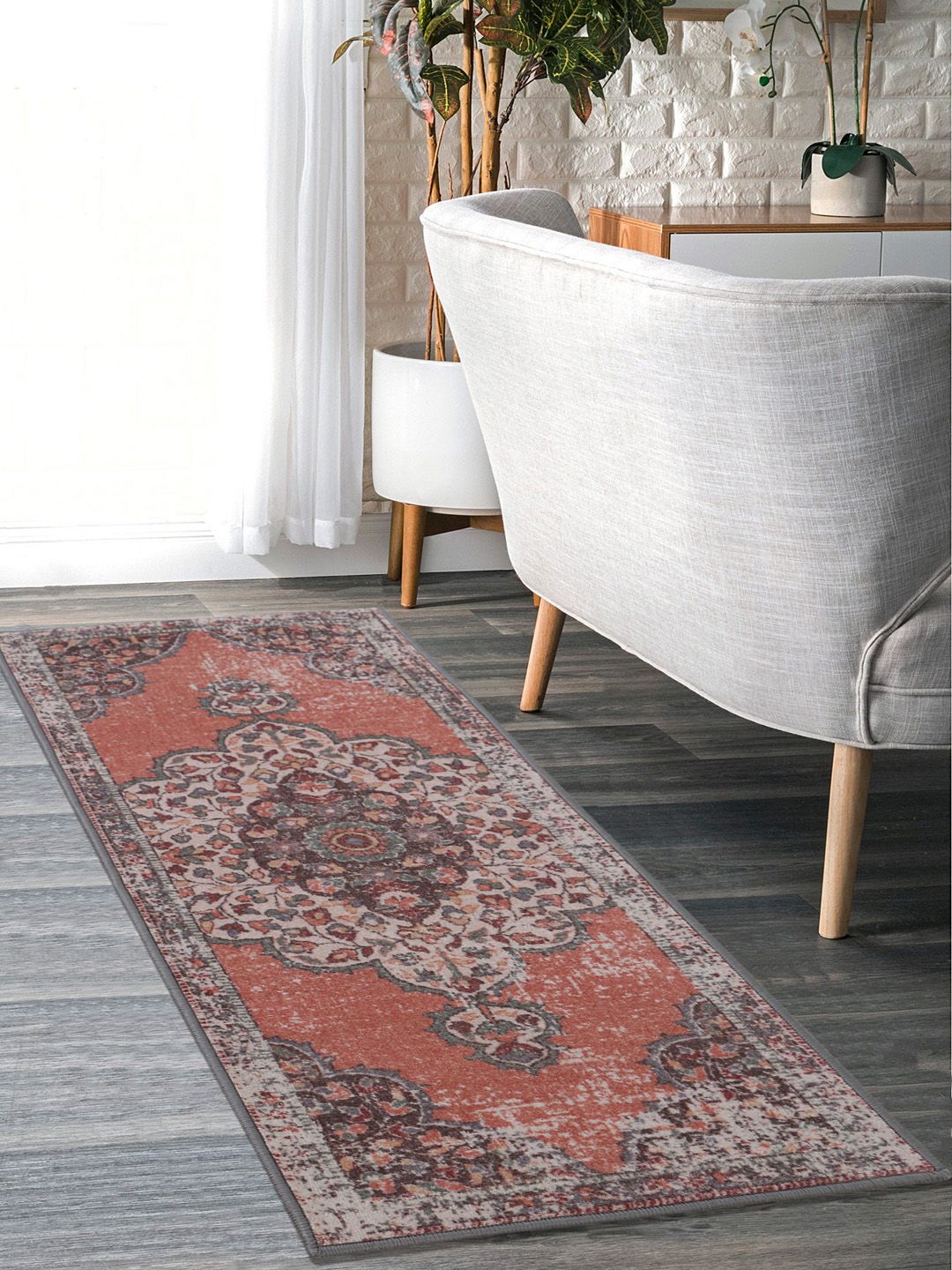 RUGSMITH Orange & Beige Printed Anti-Skid Floor Runner Price in India