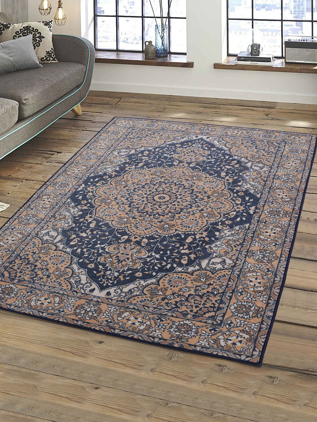 RUGSMITH Brown & Blue Printed Anti-Skid Carpet Price in India