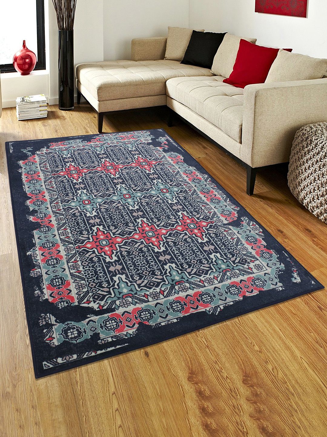 RUGSMITH Navy Blue & Pink Printed Anti-Skid Carpet Price in India