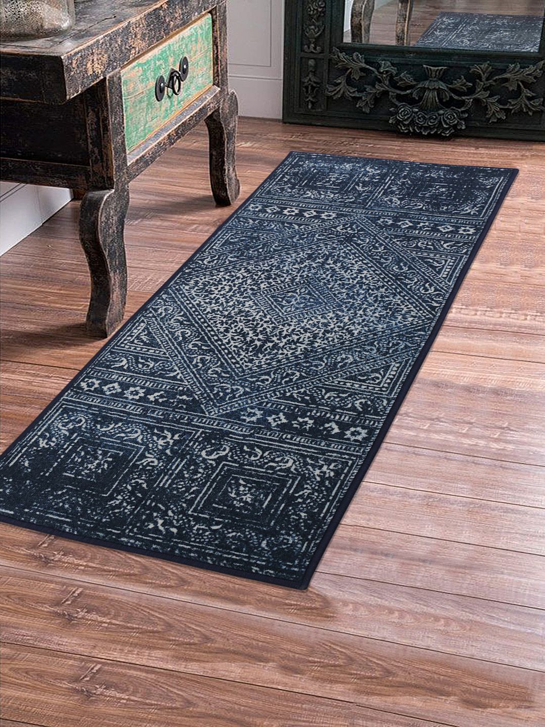 RUGSMITH Navy Blue Printed Anti-Skid Floor Runner Price in India