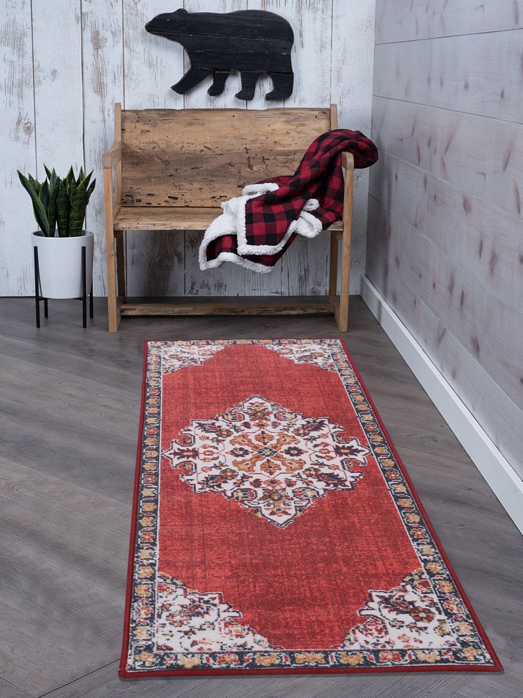 RUGSMITH Red & Off-White Printed Anti-Skid Floor Runner Price in India