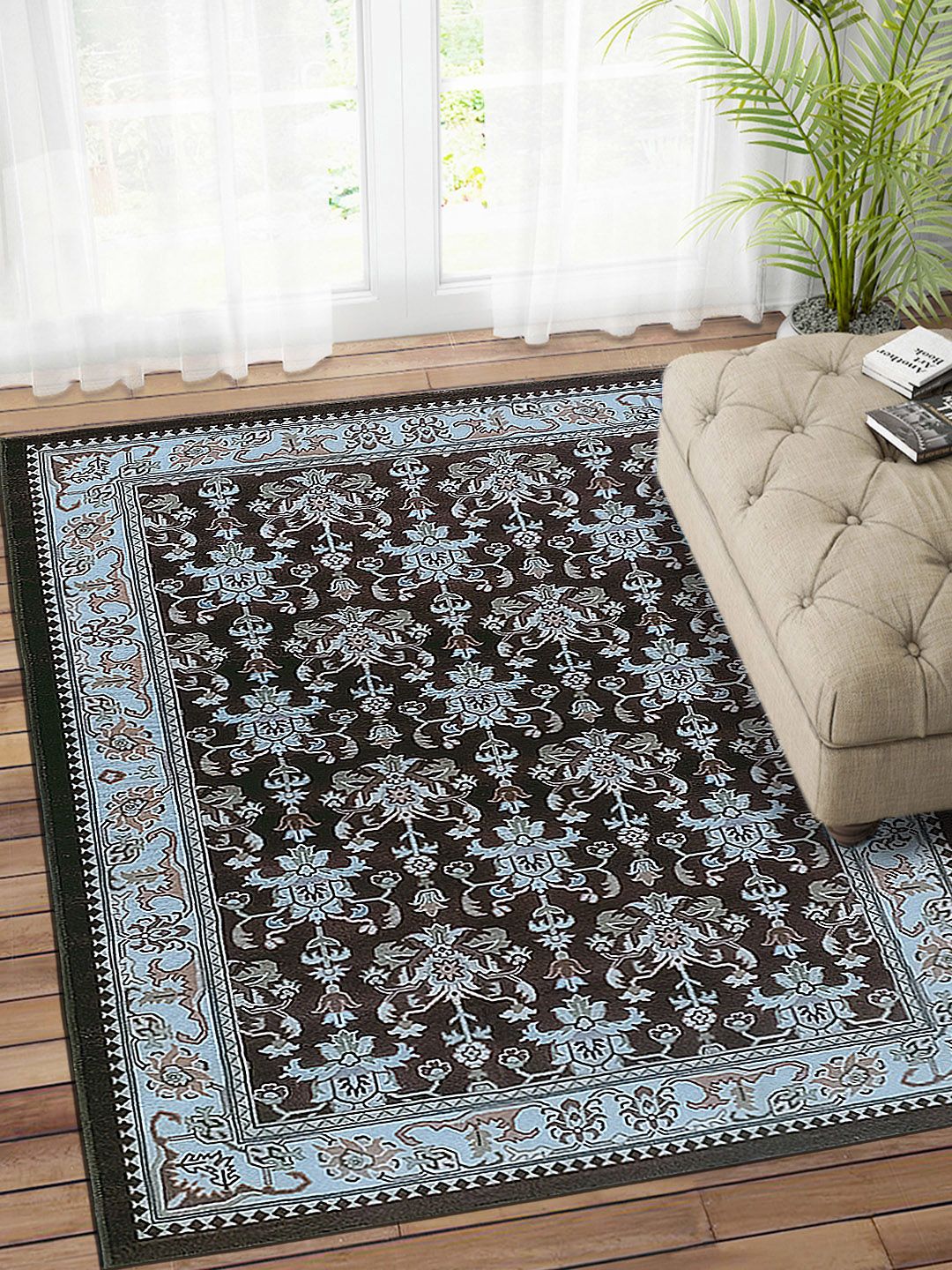 Status Turquoise Blue & Brown Vintage Persian Nylon Anti-Skid Carpet Price in India