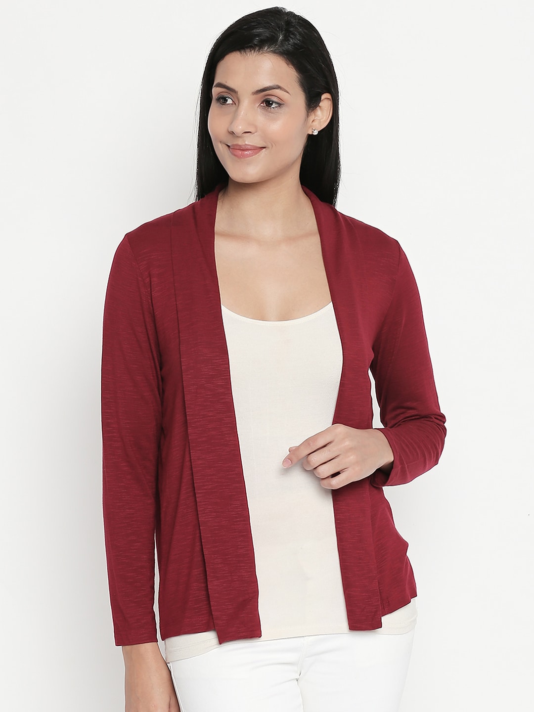 Honey by Pantaloons Women Maroon Solid Open Front Shrug Price in India