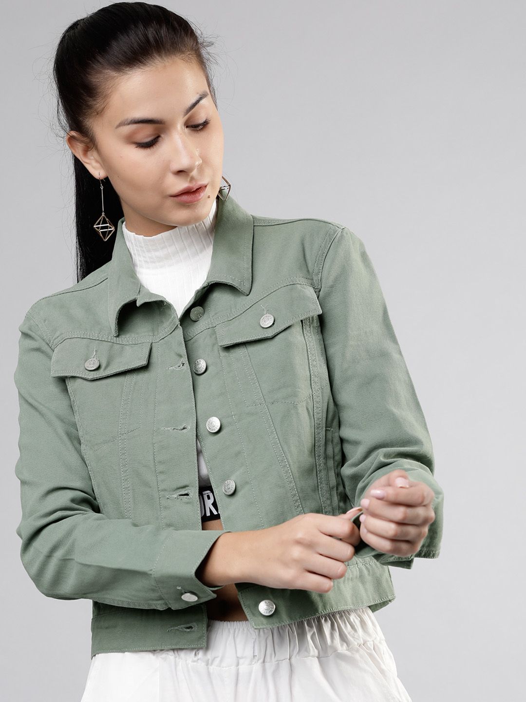 Tokyo Talkies Women Olive Green Solid Denim Jacket Price in India