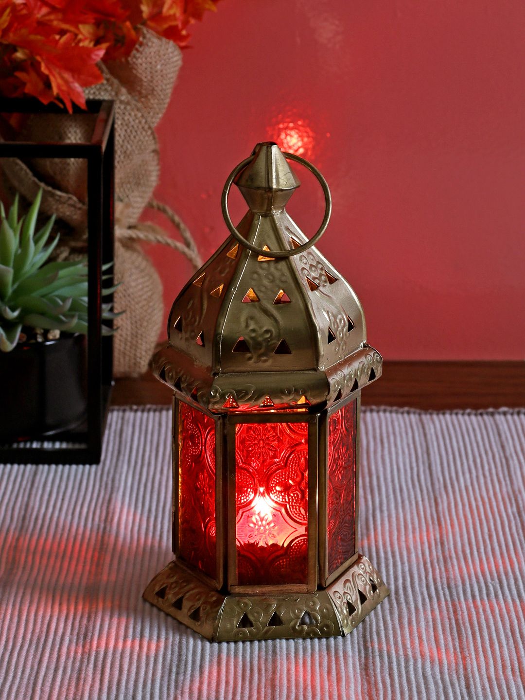 TAYHAA Red & Bronze-Toned Textured Moroccan Table Lantern Price in India