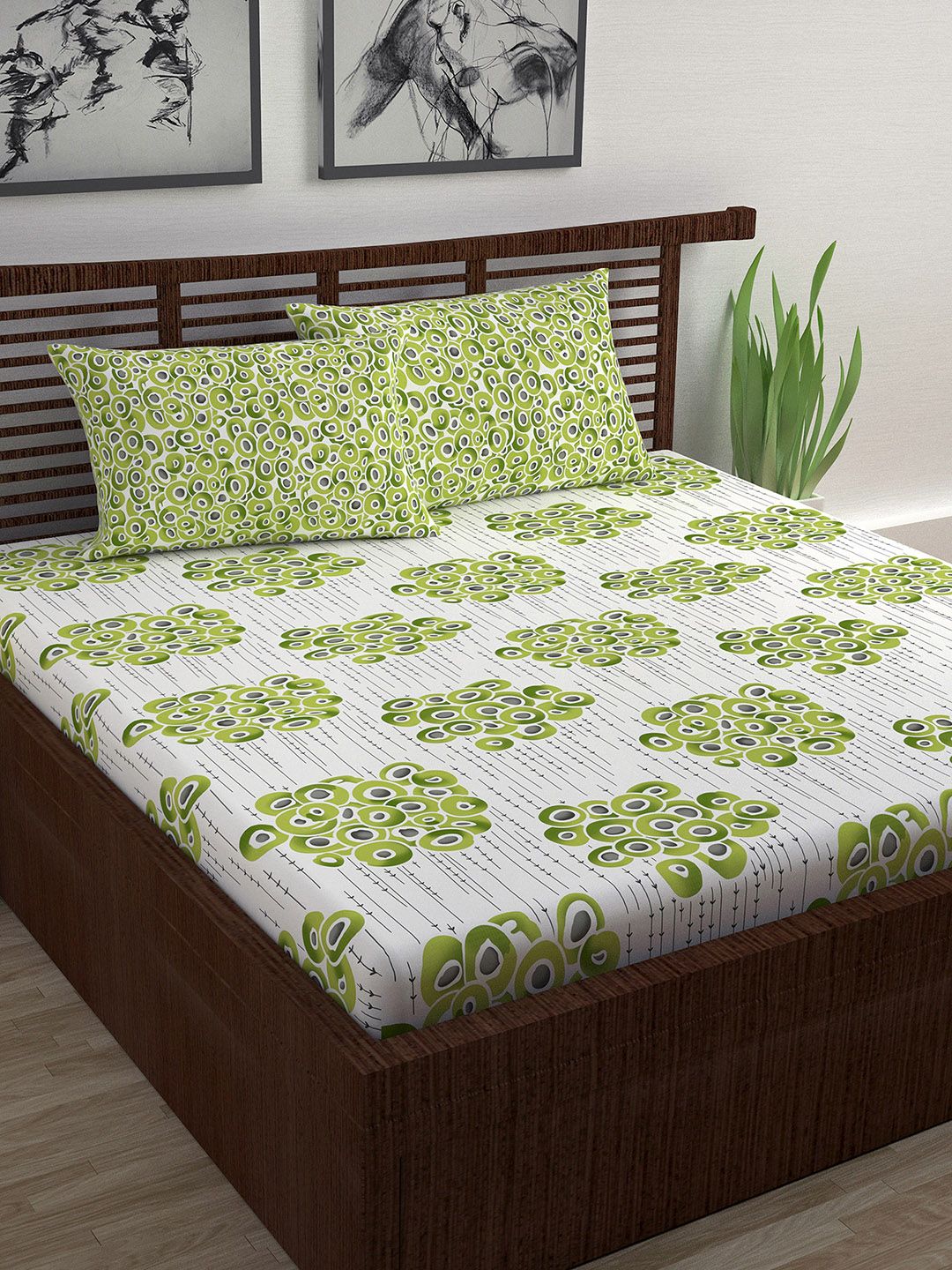 Divine Casa White & Green Abstract 144 TC Cotton 1 Queen Bedsheet with 2 Pillow Covers Price in India