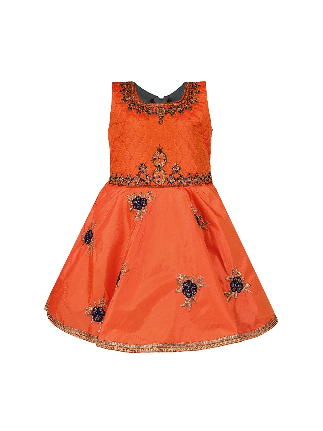 Wish Karo Girls Orange Embellished Satin Silk Fit and Flare Dress