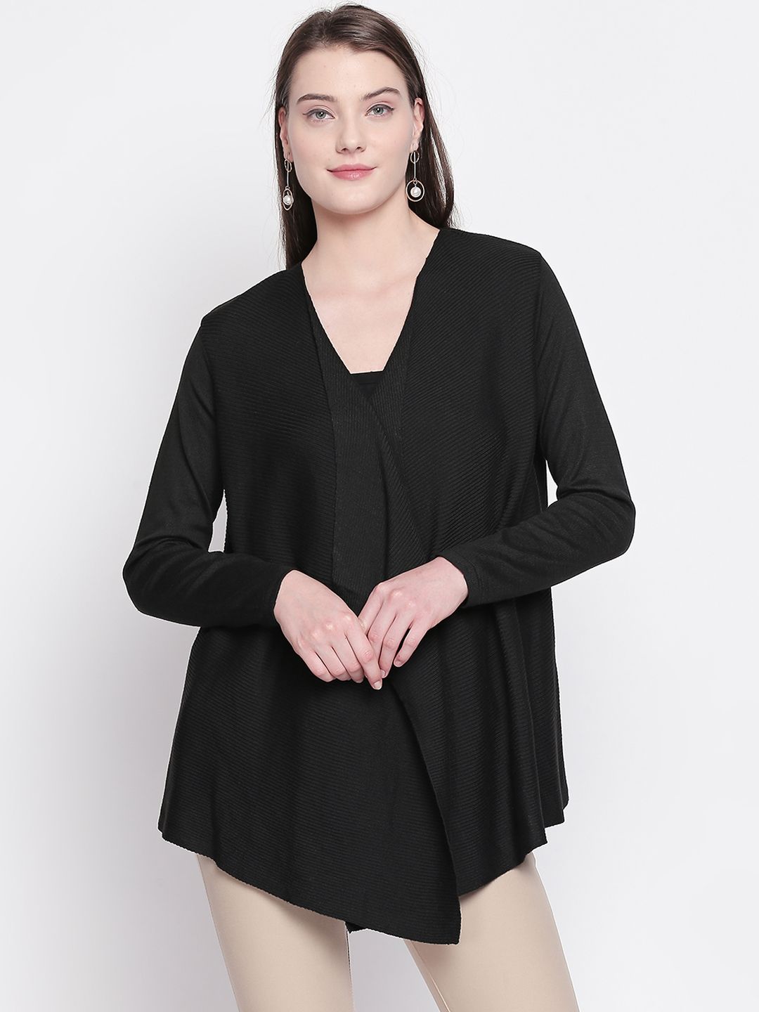 Annabelle by Pantaloons Women Black Solid Open Front Winter Shrug Price in India