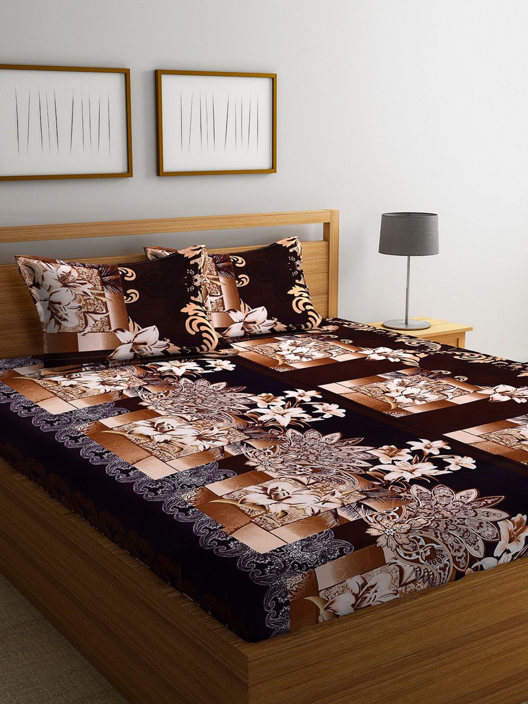 ROMEE Brown Floral 144 TC Cotton 1 Queen Bedsheet with 2 Pillow Covers Price in India