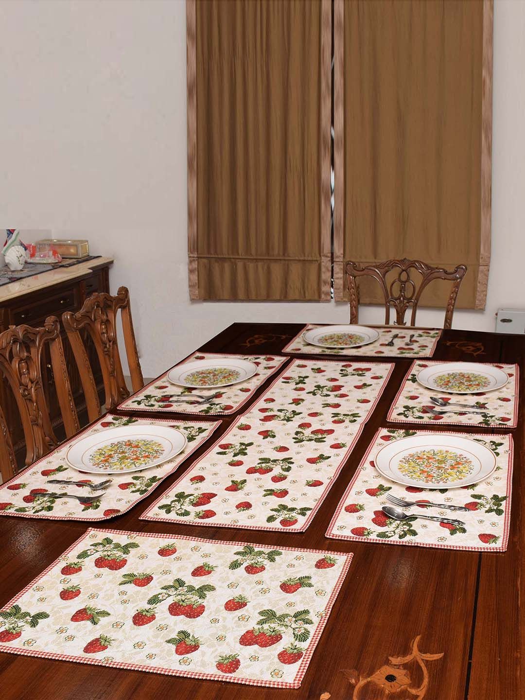 Avira Home Set of 7 Beige & Red Jaquard Woven Table Placemats With Runner Price in India