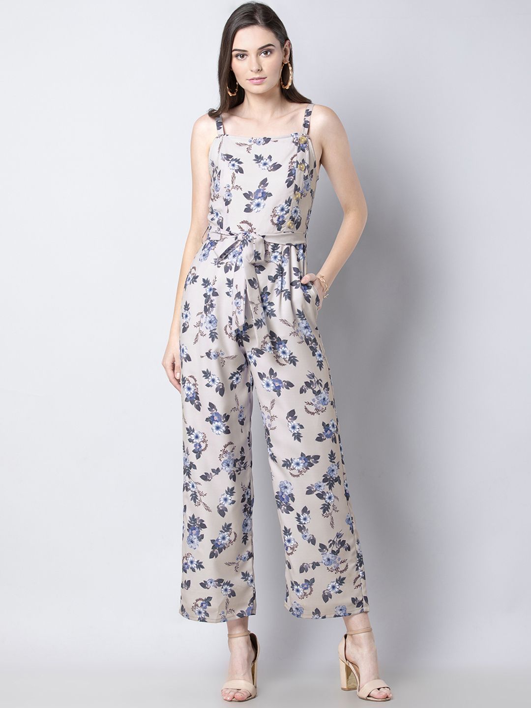 FabAlley Women Grey & Blue Printed Basic Jumpsuit Price in India