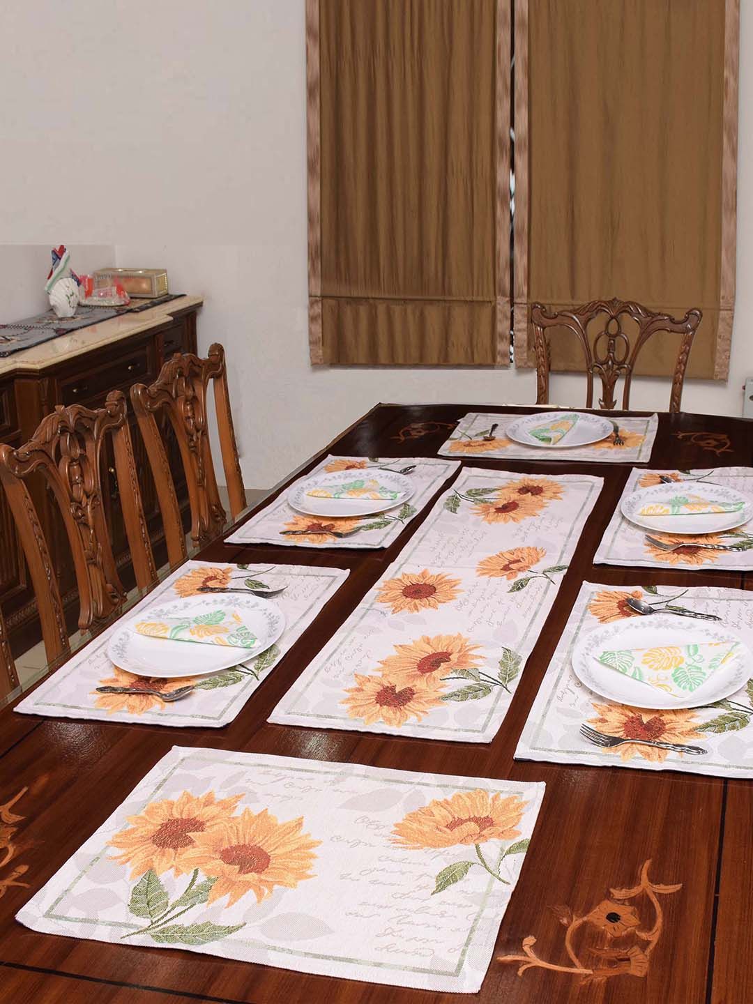 Avira Home Set of 7 Pink & Grey Jaquard Woven Table Placemats With Runner Price in India