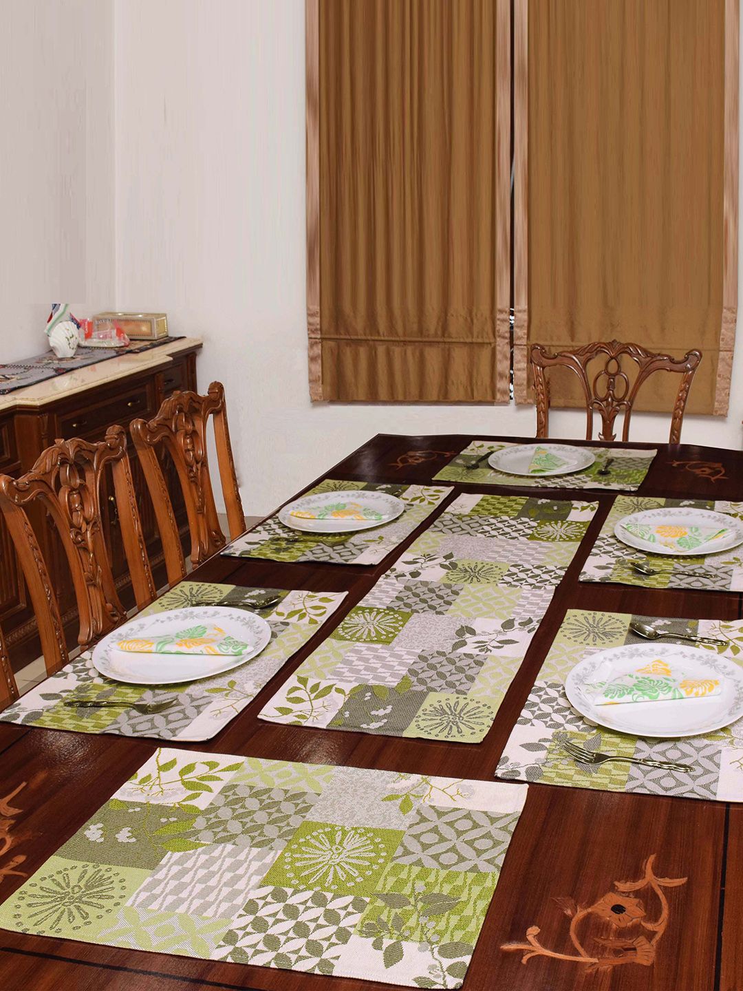 Avira Home Set of 7 Green & Grey Jaquard Woven Table Placemats With Runner Price in India