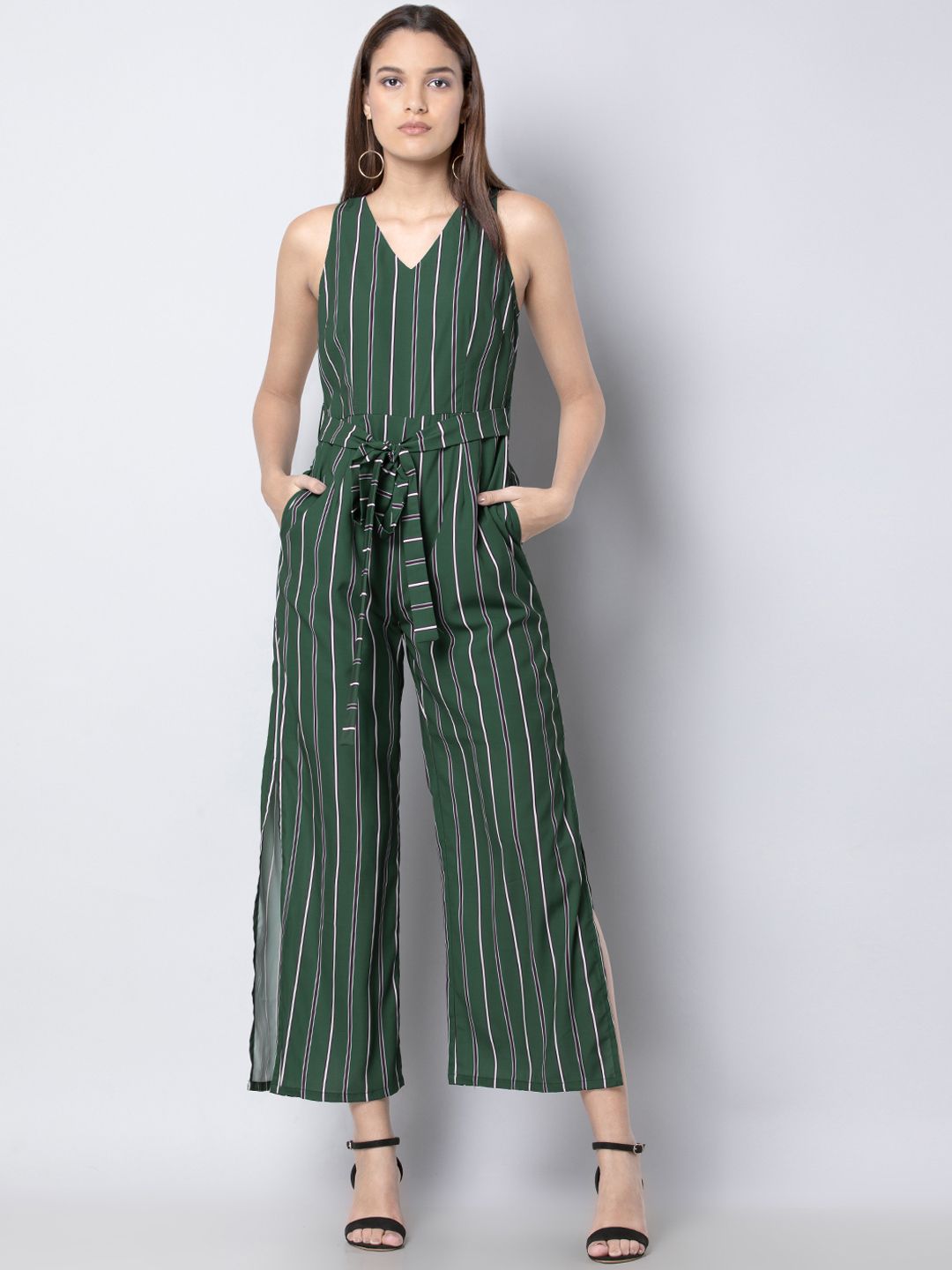 FabAlley Women Green & White Striped Basic Jumpsuit Price in India