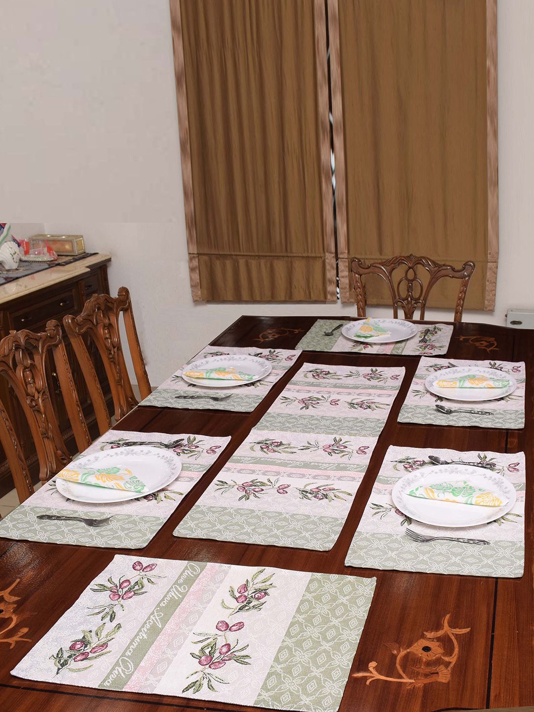 Avira Home Set of 7 Green & Grey Jaquard Woven Table Placemats With Runner Price in India
