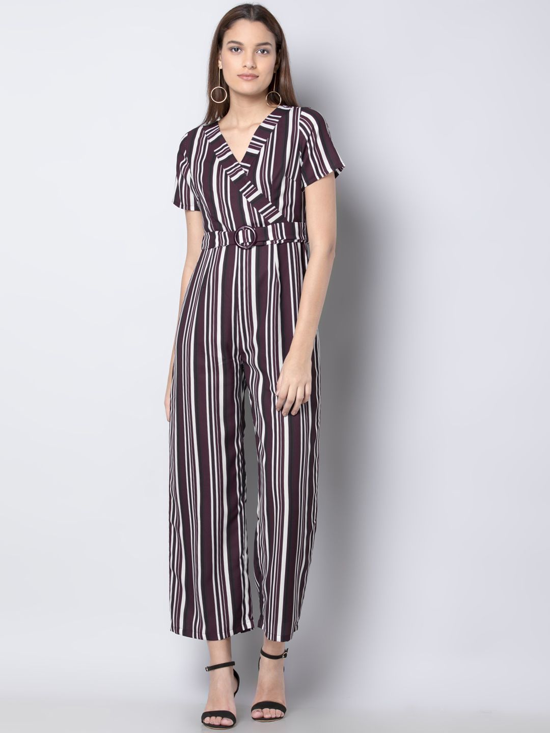 FabAlley Women Maroon & White Striped Basic Jumpsuit Price in India