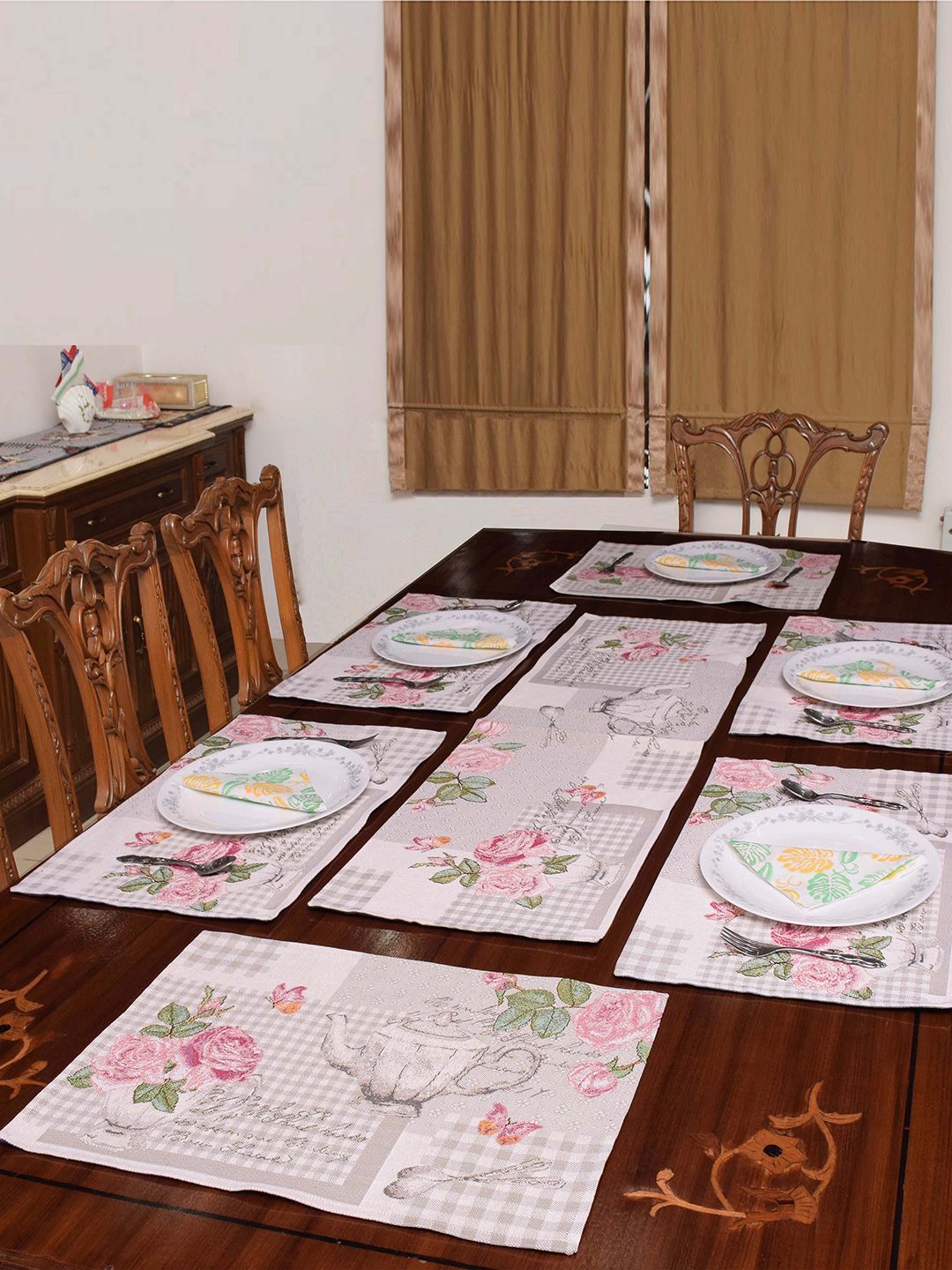Avira Home Set of 7 Pink & Grey Jaquard Woven Table Placemats With Runner Price in India