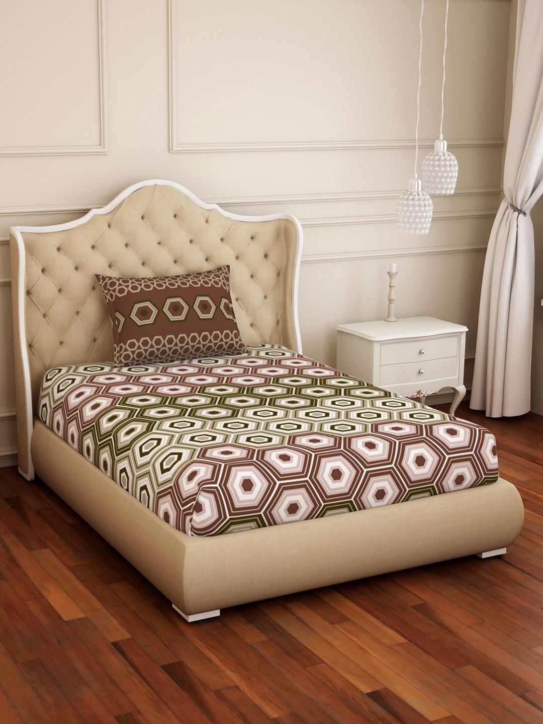 SPACES Brown & Green Geometric 144 TC Cotton 1 Single Bedsheet with 1 Pillow Covers Price in India