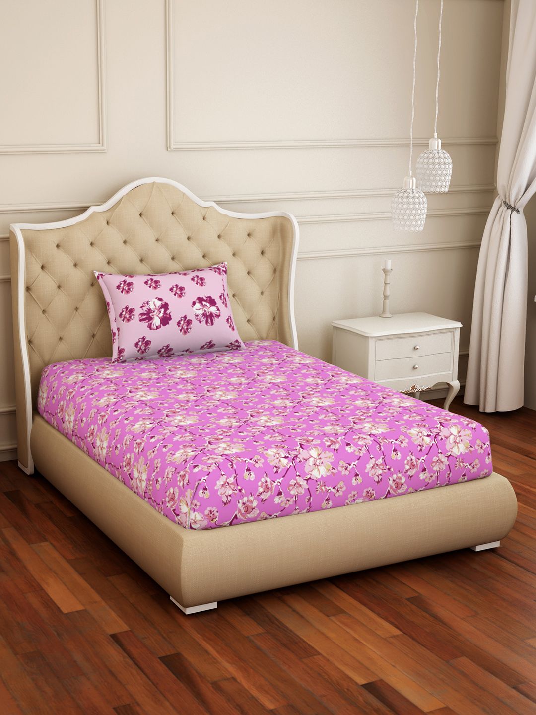 SPACES Pink Floral 144 TC Cotton 1 Single Bedsheet with 1 Pillow Covers Price in India