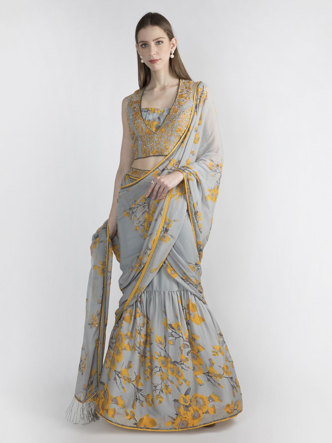 Pernia Pop-Up Shop by Adah Grey Printed Satin Saree