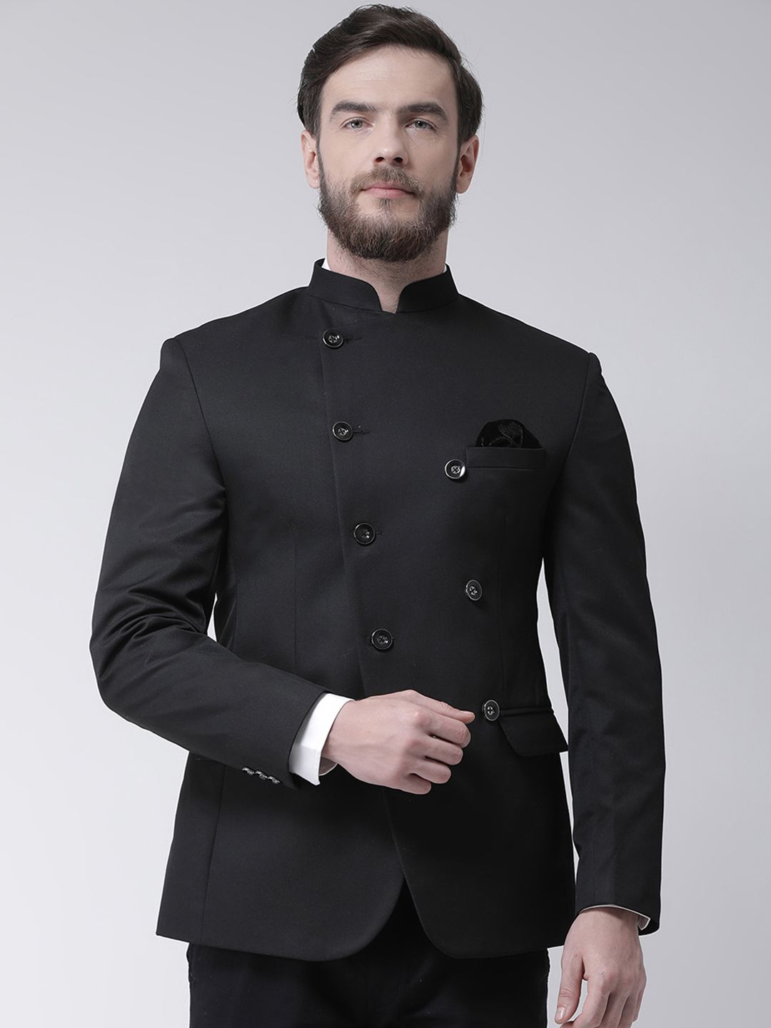 Hangup Men Black Solid Bandhgala Blazer