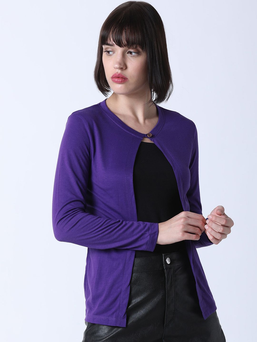 Huetrap Women Purple Solid Button Shrug Price in India