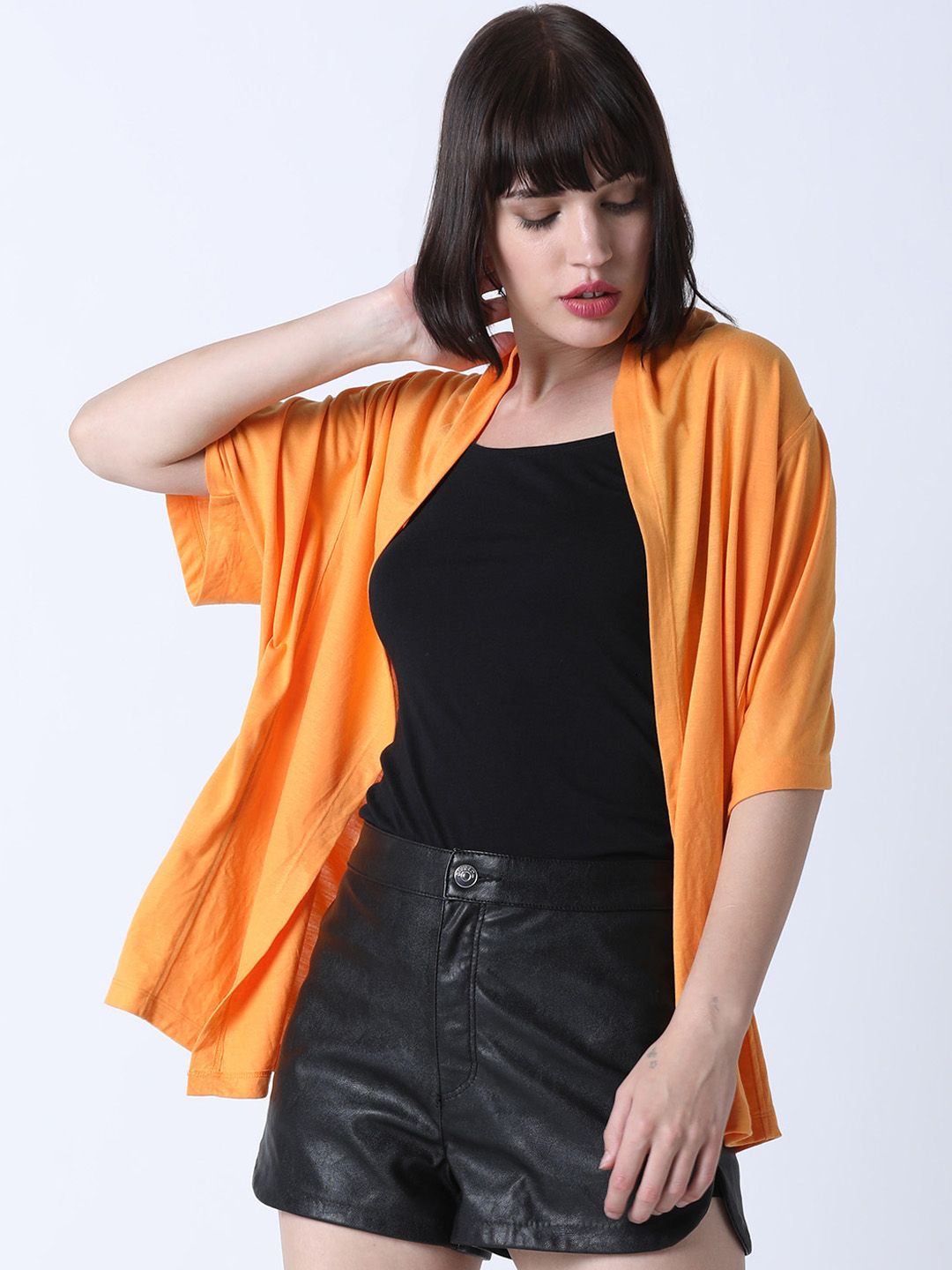 Huetrap Women Orange Solid Open Front Shrug Price in India