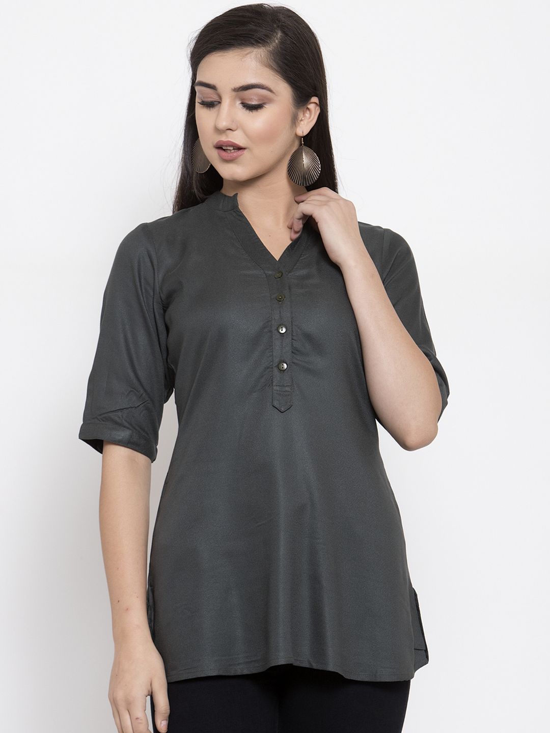 Ayaany Women Charcoal Grey Solid Shirt Style Pure Cotton Top