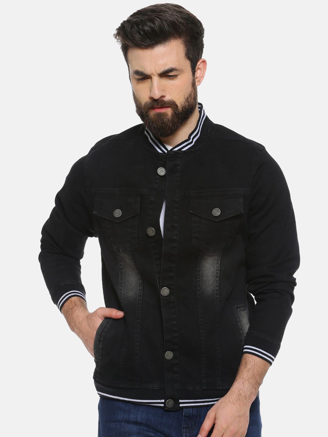 CAHOOT Men Black Striped Windcheater Denim Jacket