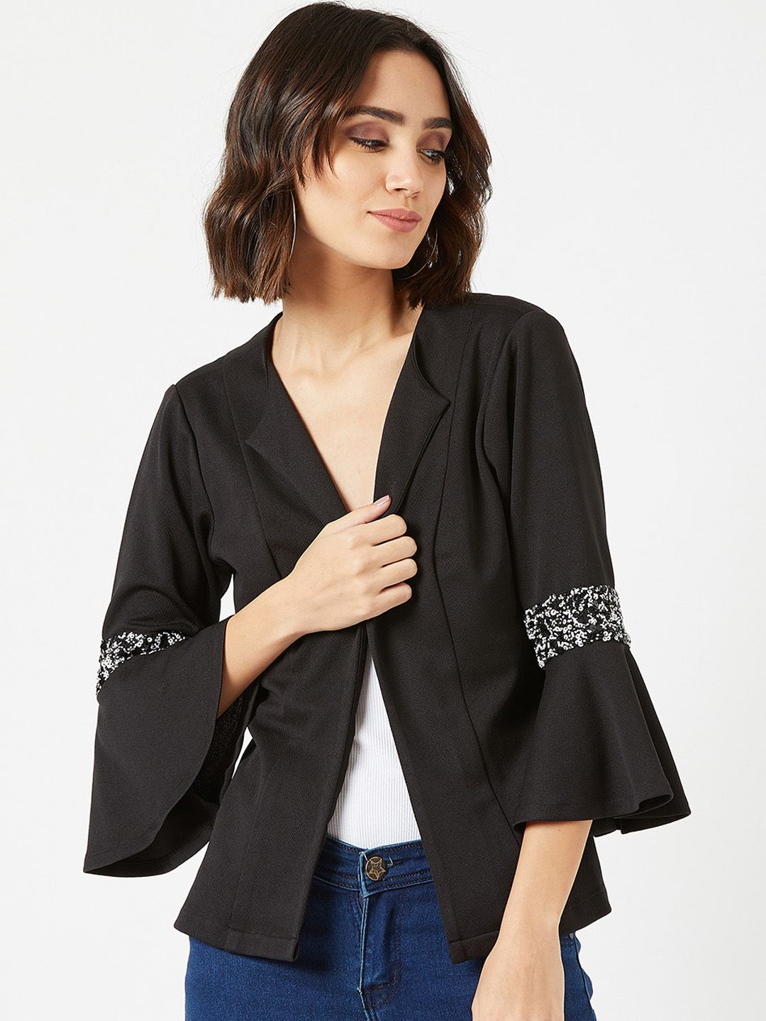 Miss Chase Women Black Embellished Detail Open Front Jacket Price in India