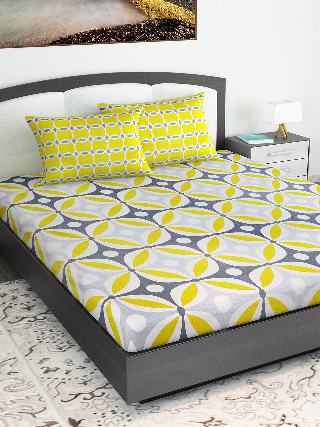 Divine Casa Yellow & Grey Geometric 144 TC Cotton 1 King Bedsheet with 2 Pillow Covers Price in India