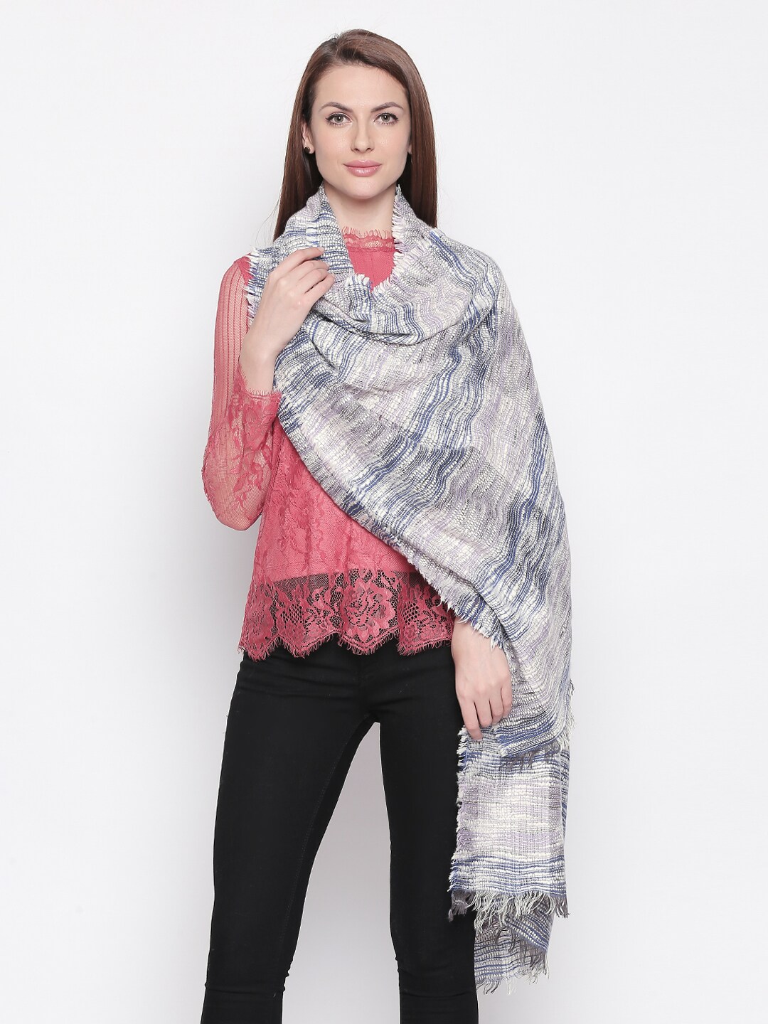Style Quotient Women White & Blue Striped Shawl Price in India