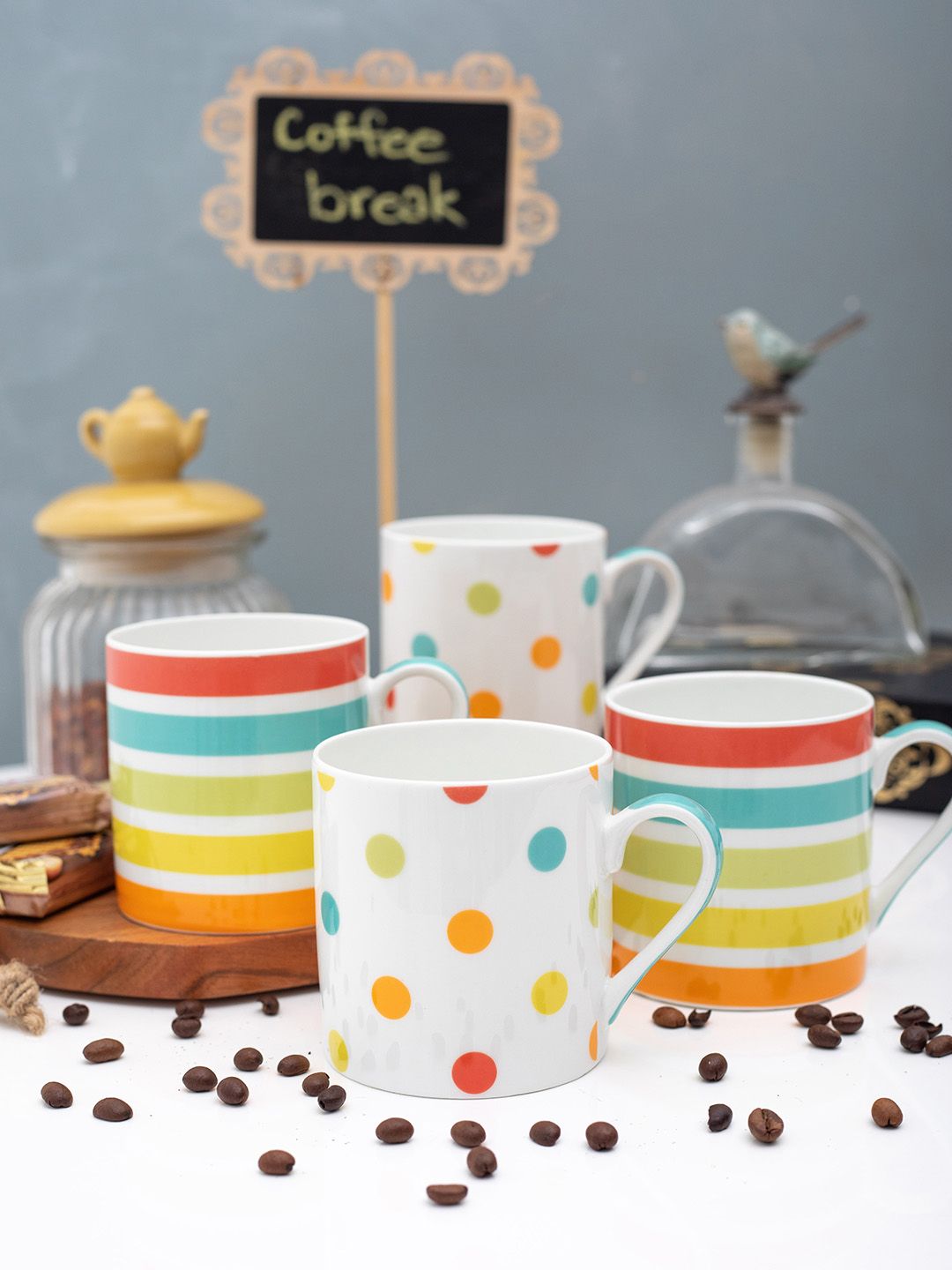 GOODHOMES White 4-Pieces Printed Bone China 350ml Cups Set Price in India