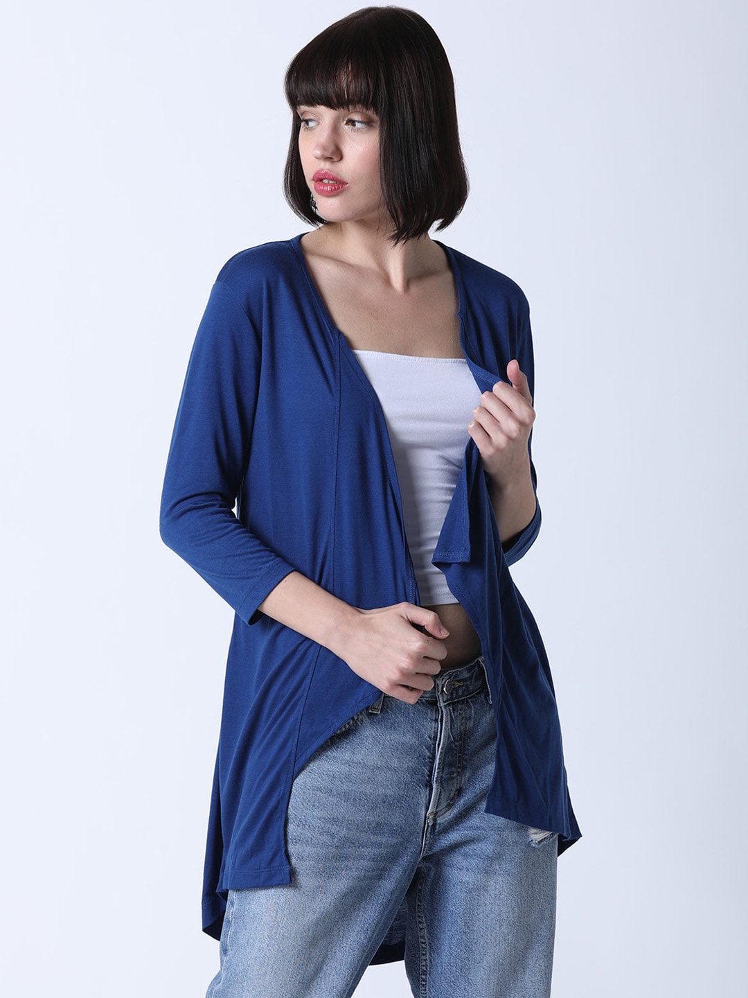 Huetrap Women Blue Solid Open Front Longline Shrug Price in India