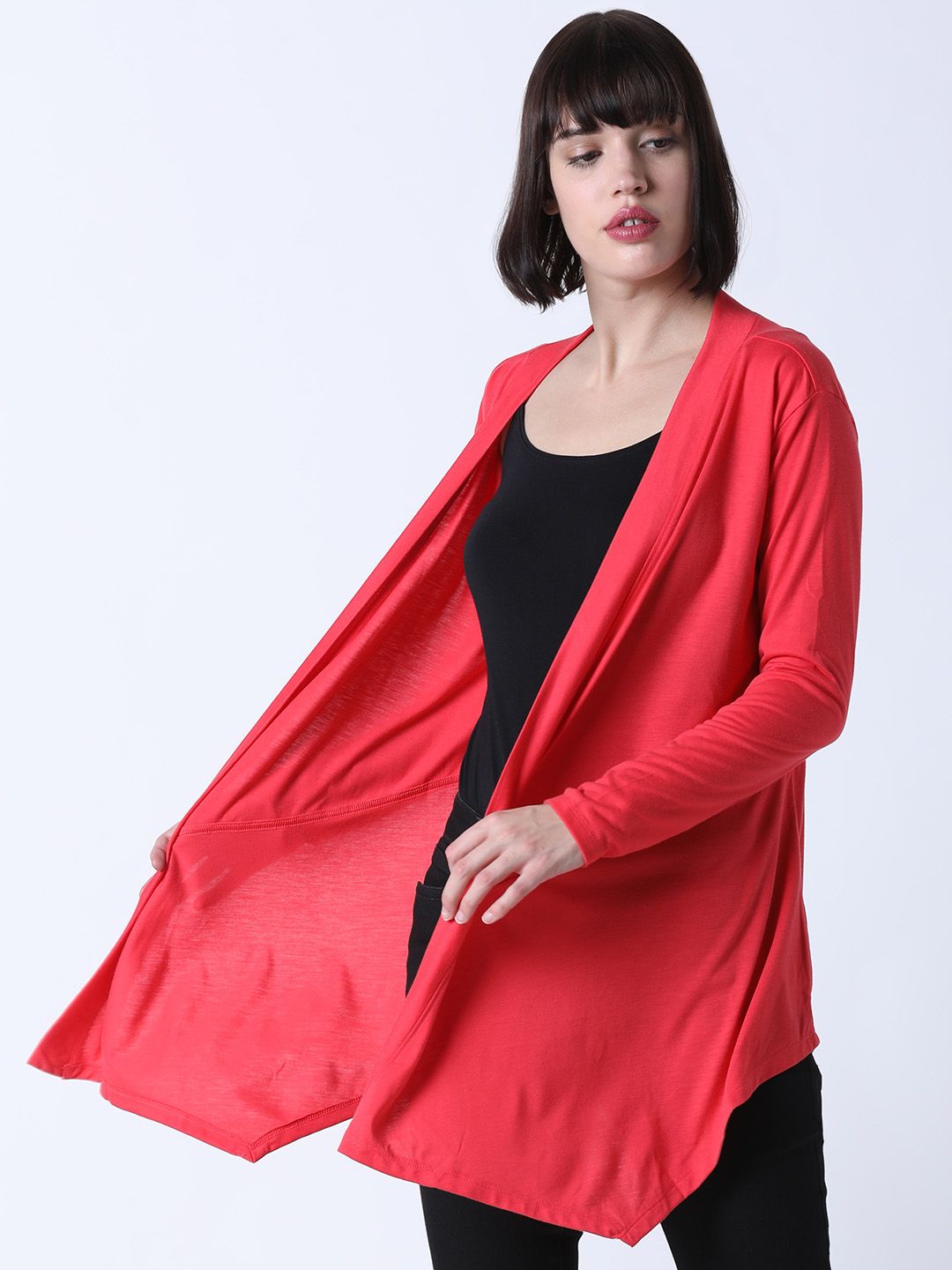 Huetrap Women Coral Pink Solid Open Front Shrug